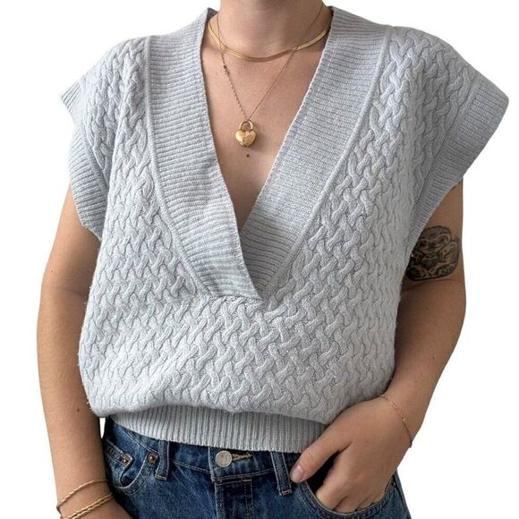 Vintage Geoffrey Beene Light Blue Lambswool Angora cable Knit Sweater Vest Sz M - Picture 4 of 8